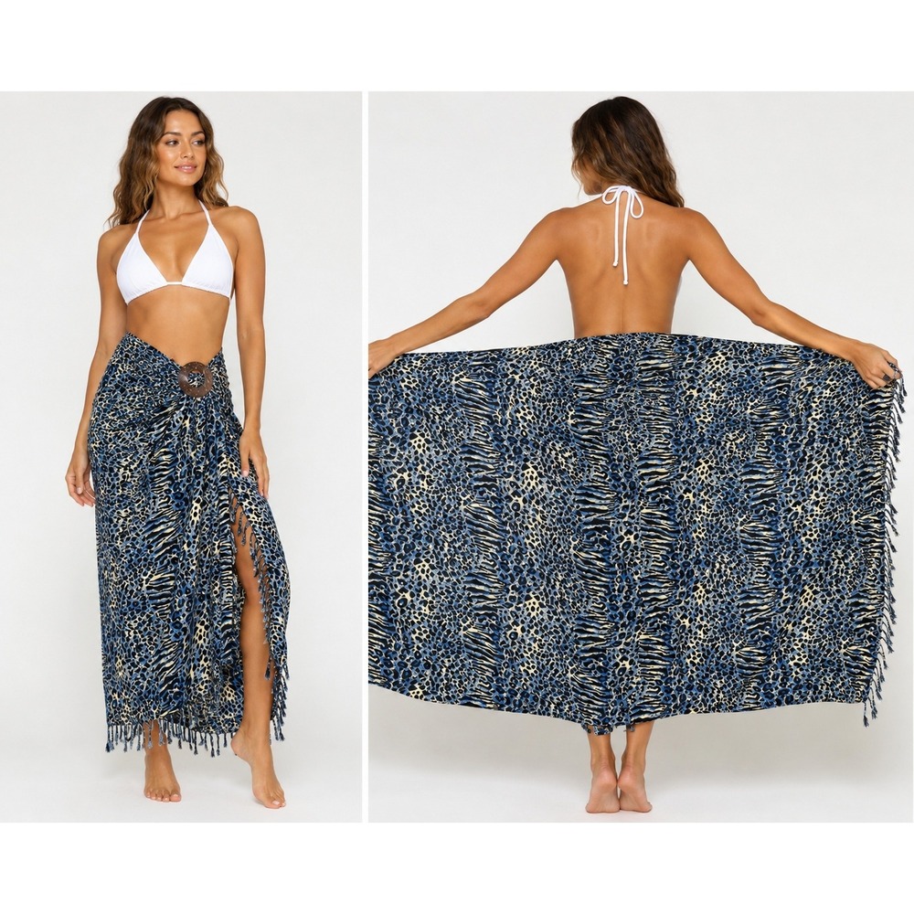Hand Kreation Blue Animal Print Sarong Wrap Beach Cover Up with Coconut Clip NEW